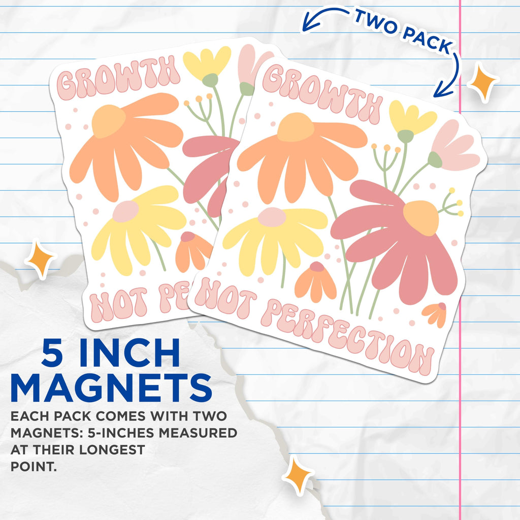 (2 Pack) Growth Not Perfection Magnets - Floral Magnets - Positive Affirmation Decor - 5" On Longest Side - Premium Magnet - for Cars, Refrigerators, Toolboxes, Lockers - Made in USA - MAG18946