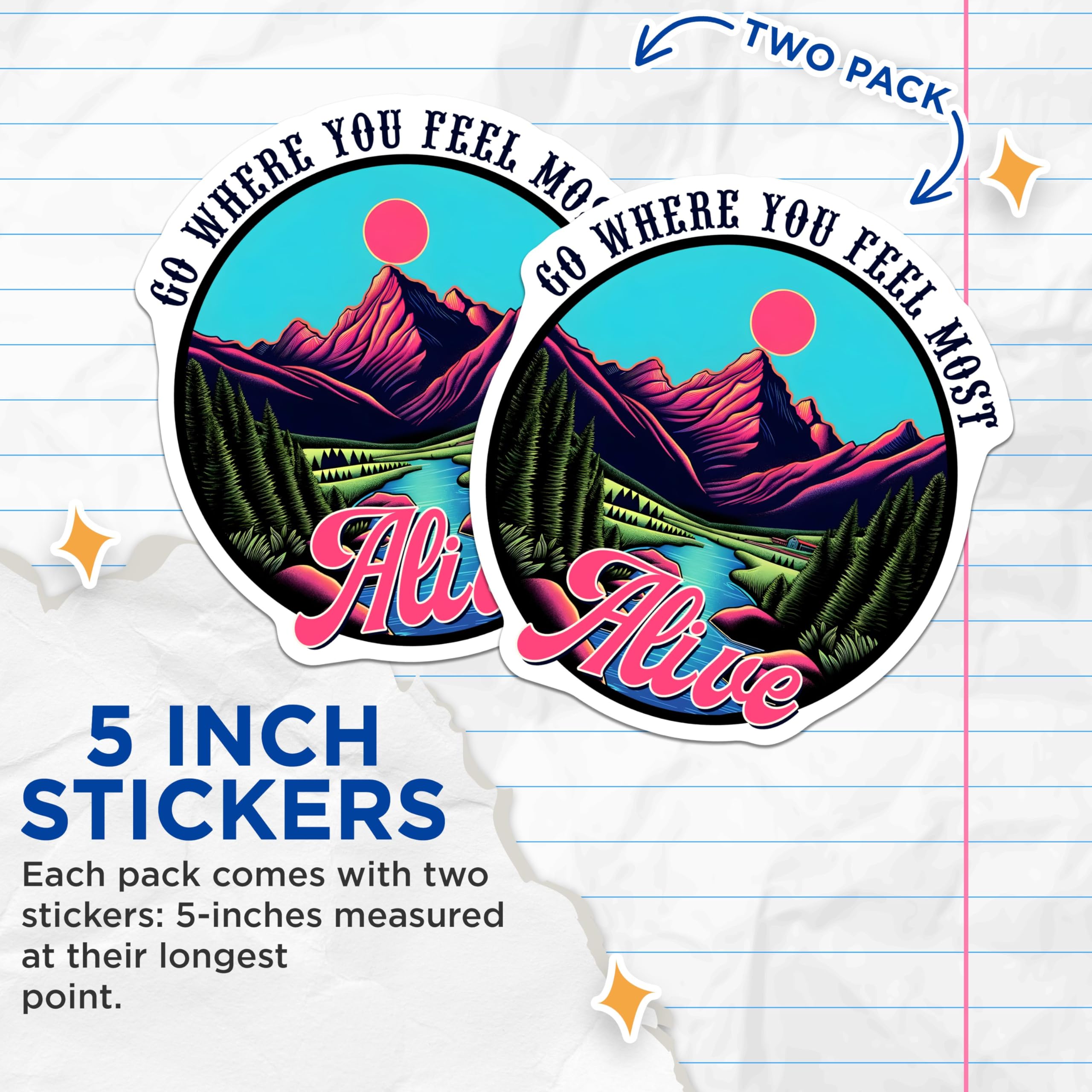 (2 Pack) Go Where You Feel Most Alive Stickers - Outdoor Adventure Stickers - Mountain Landscape Stickers - 5" On Longest Side - Sticks to Any Smooth Flat Surface - Made in USA - BMCS3265