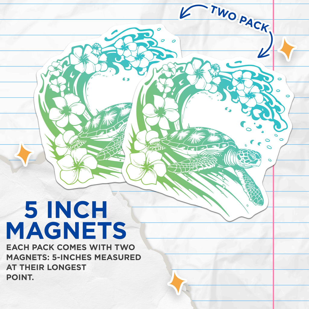(2 Pack) Sea Turtle Ocean Wave Magnets - Hibiscus Flower Beach Decor - Tropical Aquatic Life Refrigerator Decals - 5 Inches On Longest Side - Thick Durable Magnet - Made in USA - MAG39157