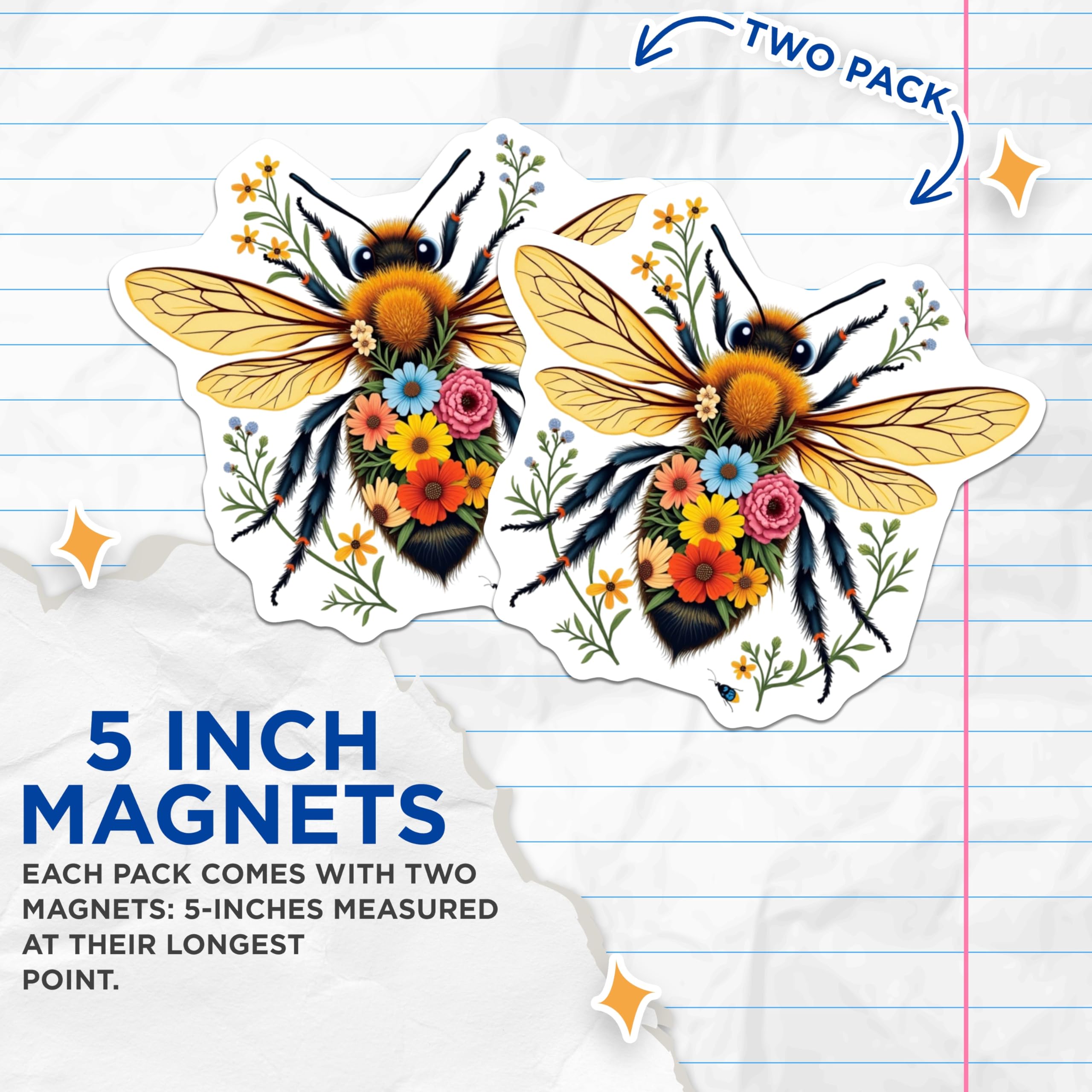 (2 Pack) Bee with Flowers Magnets - Floral Bee Decor - Nature Lover Refrigerator Magnets - 5" On Longest Side - Premium Magnet - for Cars, Refrigerators, Toolboxes, Lockers - Made in USA - MAG17125