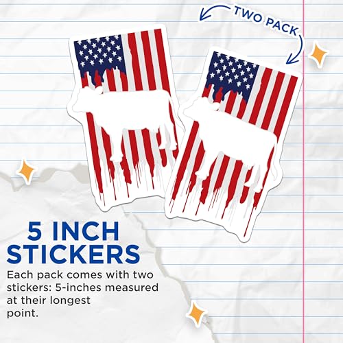 (2 Pack) Patriotic Cow Stickers - American Flag Decal - Farm Animal Decor - USA Pride Sticker - Country Living Stickers - 5" On Longest Side - Sticks to Smooth Flat Surfaces - Made in USA - BMCS5813