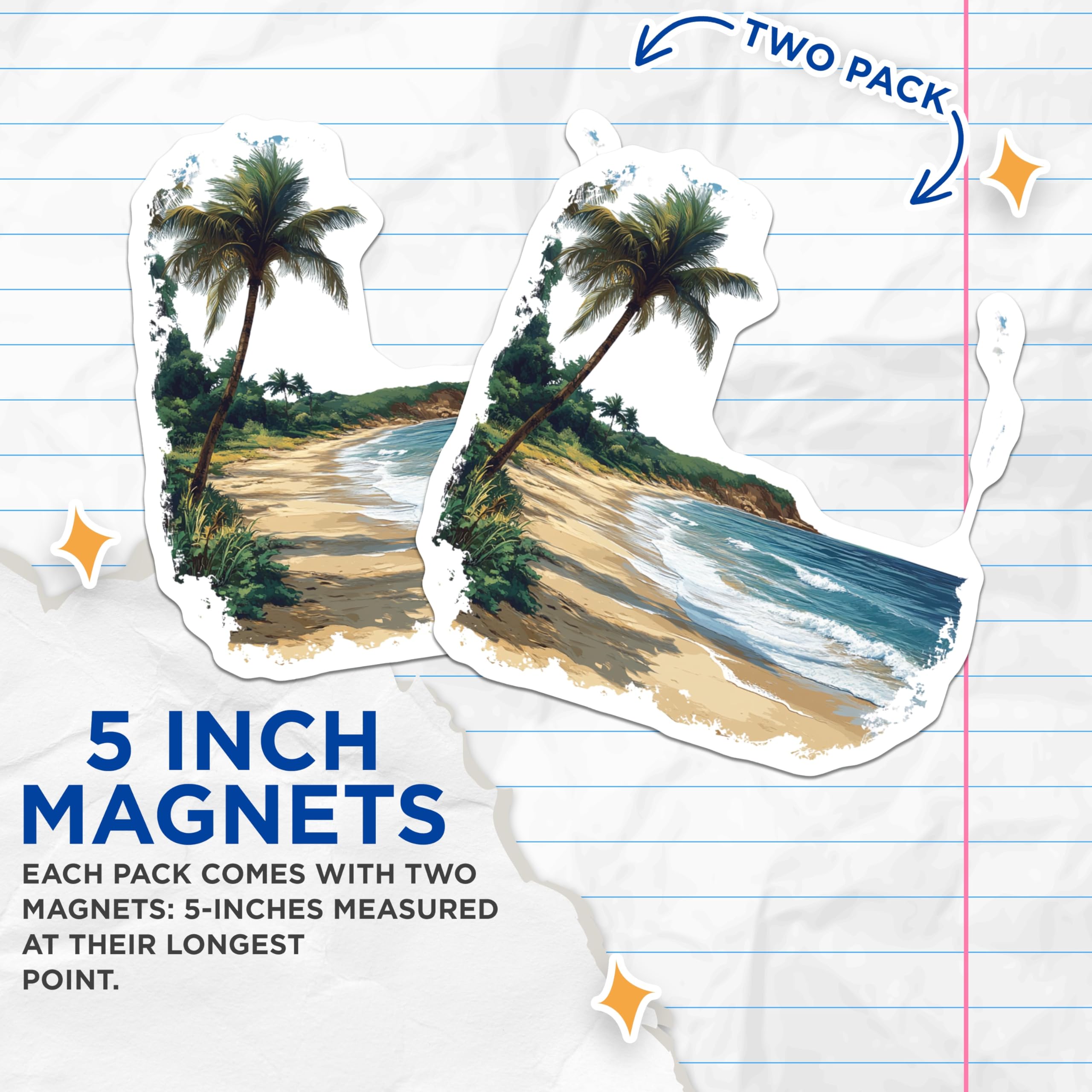 (2 Pack) Tropical Beach Magnets - Ocean Waves Decor - Palm Tree Coastal Scene - 5 Inches On Longest Side - Thick Durable Magnet - Made in USA - MAG26124