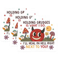 (3 Pack) Holding Grudges Decals - Devilish Humor Stickers - Retro Hell Meme Decals - 3 Inches On Longest Side - Easy Peel & Apply - Made in USA - 3MCS4398