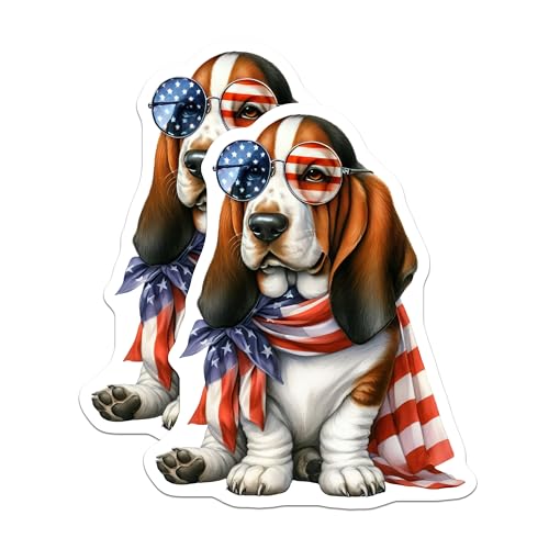 (2 Pack) Patriotic Dog Magnets - Basset Hound with Sunglasses - American Flag Decor for Refrigerator or Locker - 5" On Longest Side - for Cars, Fridges, Toolboxes - Made in USA - MAG7061