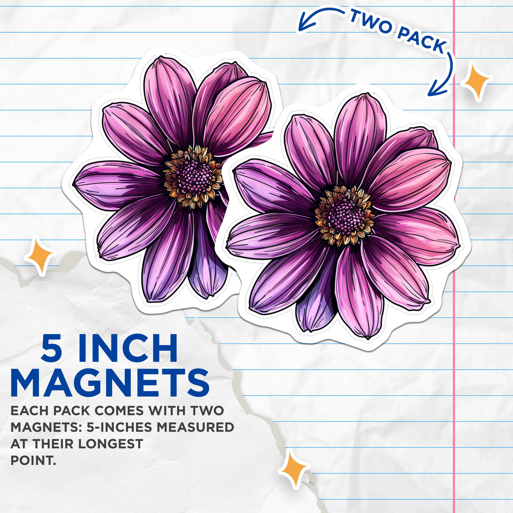(2 Pack) Purple Dahlia Floral Magnets - Botanical Art Fridge Locker Office Decor - Nature Inspired Home Accent - 5 Inches On Longest Side - Thick Durable Magnet - Made in USA - MAG37893