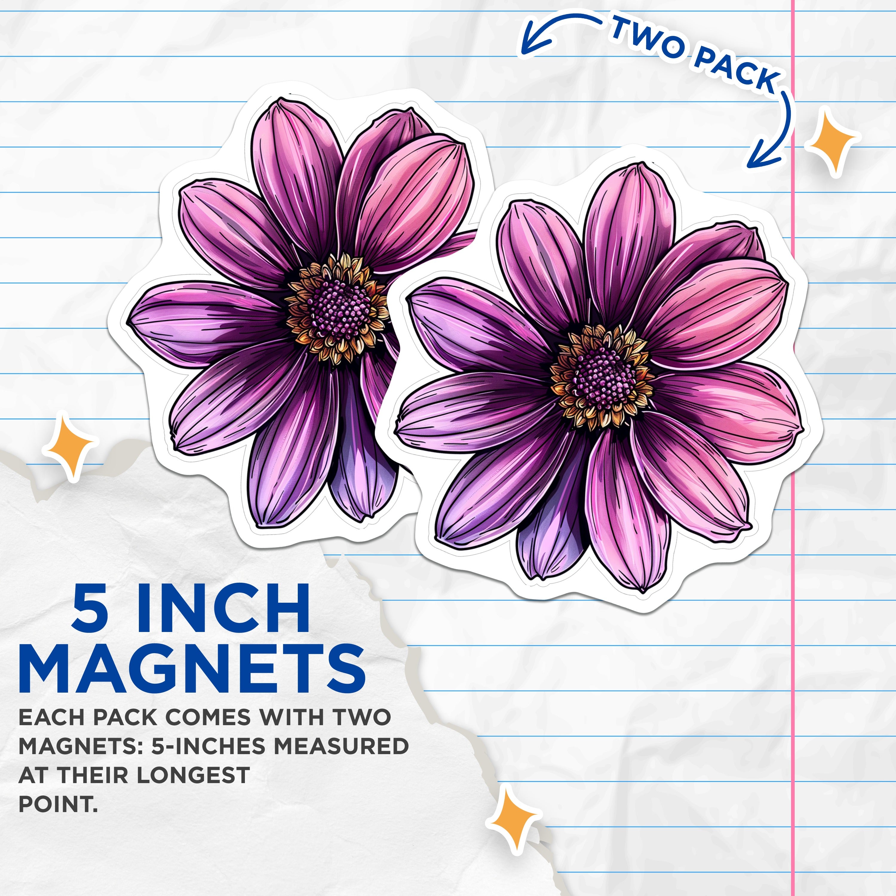 (2 Pack) Purple Dahlia Floral Magnets - Botanical Art Fridge Locker Office Decor - Nature Inspired Home Accent - 5 Inches On Longest Side - Thick Durable Magnet - Made in USA - MAG37893