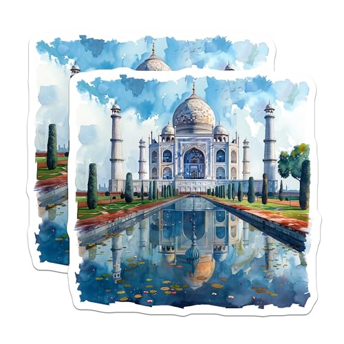 (2 Pack) Taj Mahal Stickers - India Travel Stickers - Watercolor Landmark Stickers - 5" On Longest Side - Sticks to Smooth Flat Surfaces - Made in USA - BMCS5199
