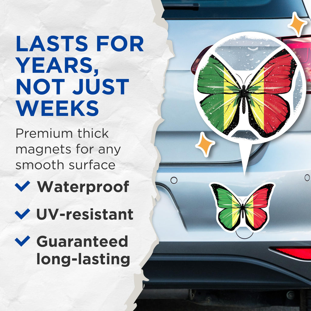 (2 Pack) Butterfly Magnets - Senegal Flag Art - Refrigerator Locker Decoration - 5" On Longest Side - Premium Magnet - for Cars, Refrigerators, Toolboxes, Lockers - Made in USA - MAG18929