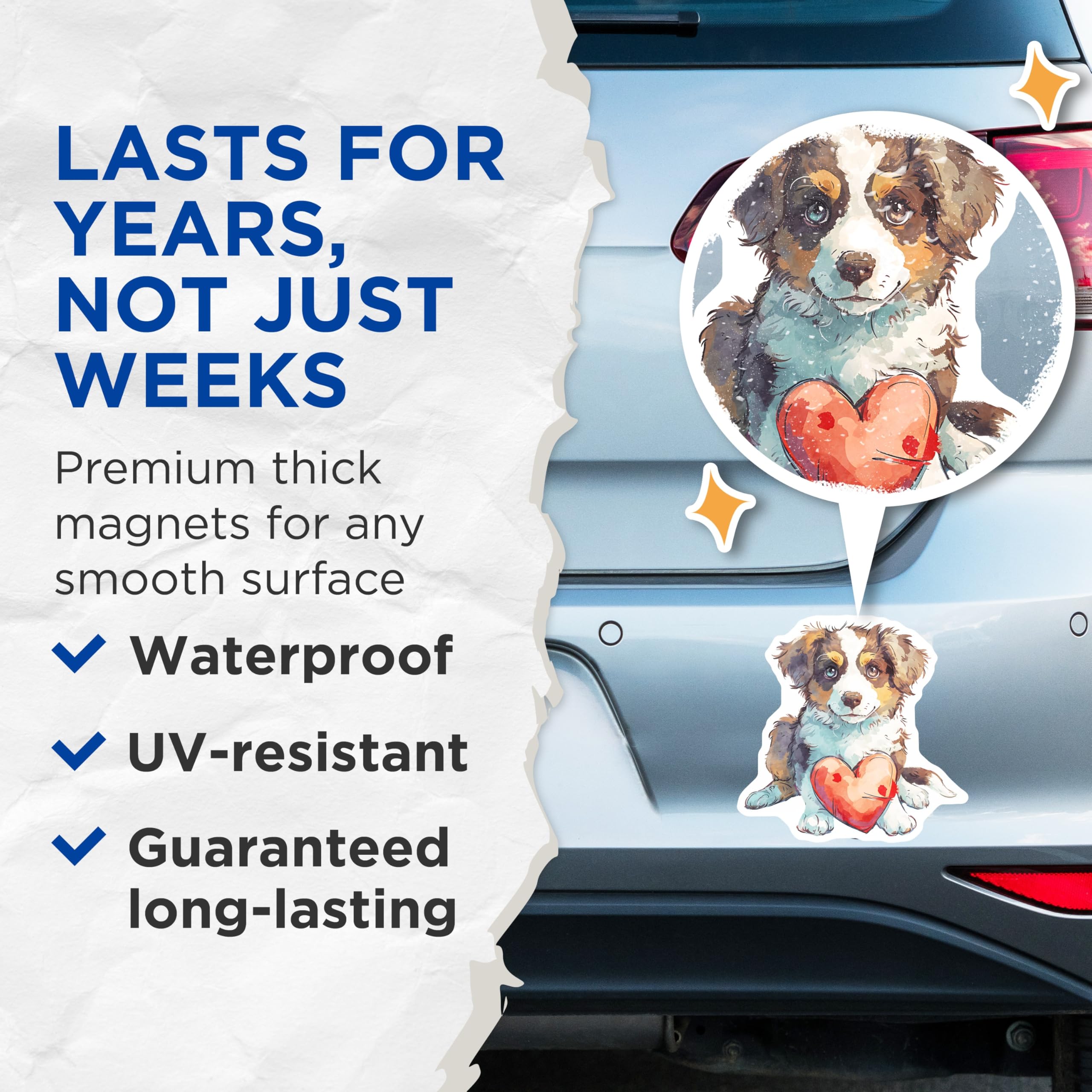 (2 Pack) Aussie Dog Magnets - Heart Magnet - Australian Shepherd Home Decor - 5" On Longest Side - Premium Magnet - for Cars, Refrigerators, Toolboxes, Lockers - Made in USA - MAG16536