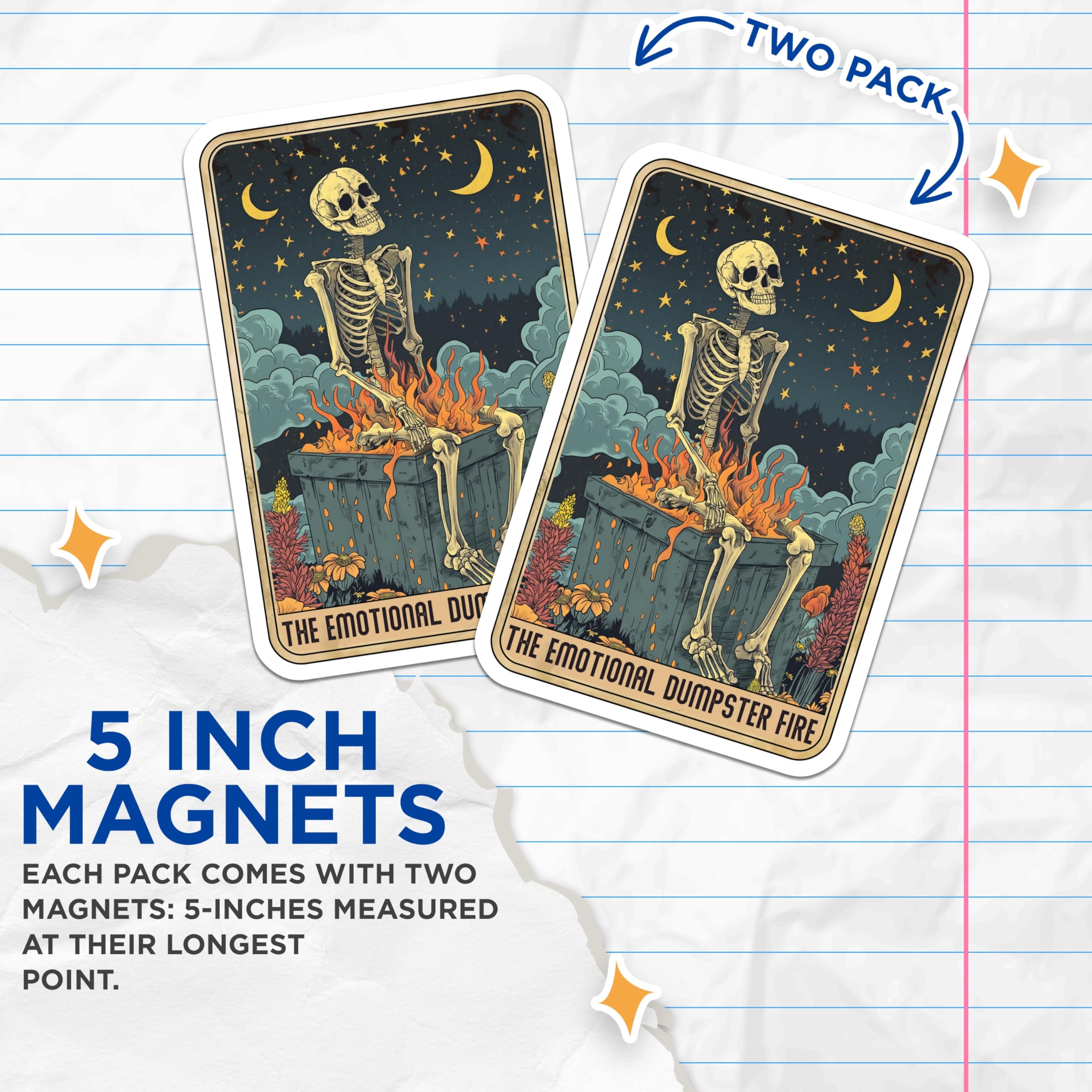 (2 Pack) Emotional Dumpster Fire Magnets - Skeleton Tarot Card Art - Dark Humor Fridge Decor - 5 Inches On Longest Side - Thick Durable Magnet - Made in USA - MAG23463