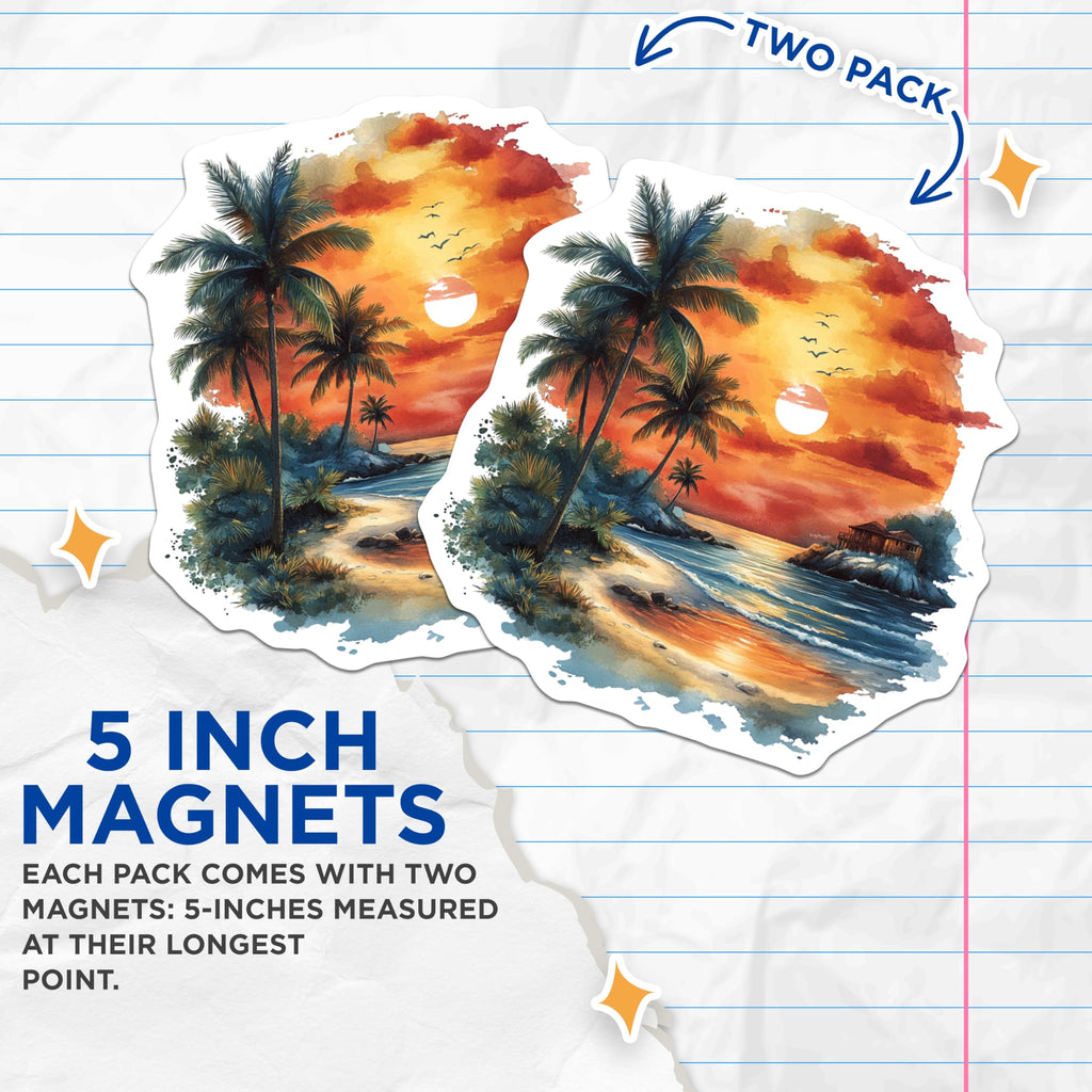 (2 Pack) Tropical Sunset Magnets - Coastal Beach Decor - Watercolor Island Art - 5 Inches On Longest Side - Thick Durable Magnet - Made in USA - MAG29034