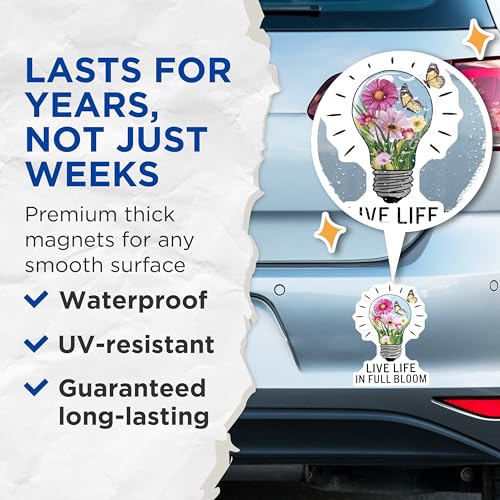 (2 Pack) Live Life in Full Bloom Magnets Magnets - Lightbulb Flower Design - 5" On Longest Side - Made in USA - Sticks to Refrigerators & Metal Surfaces - MAG8945