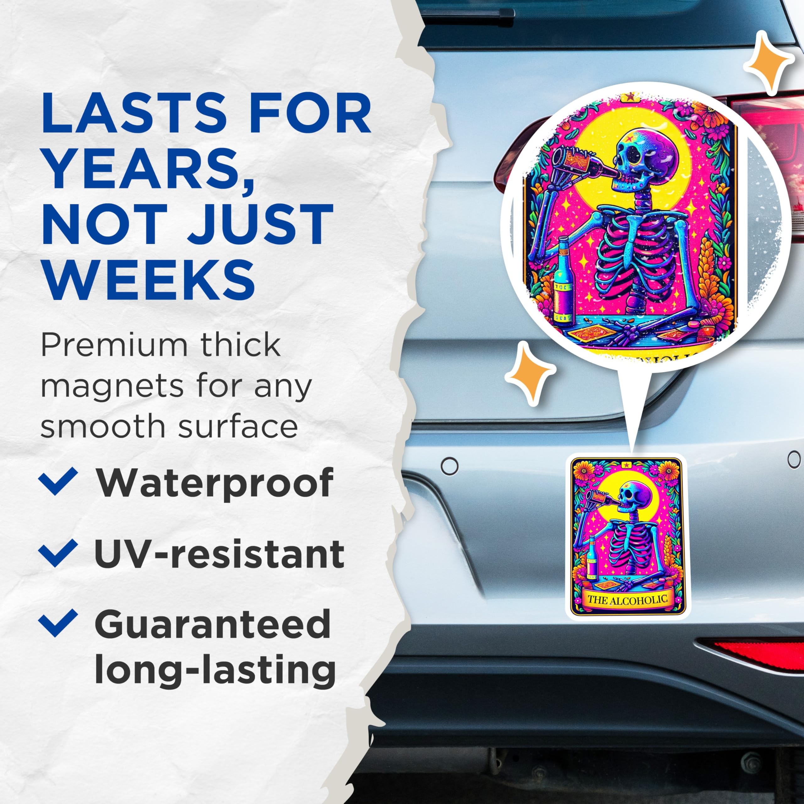(2 Pack) Alcoholic Skeleton Magnets - Drinking Skull Tarot Art - Psychedelic Fridge Decor - Macabre Kitchen Accent - 5 Inches On Longest Side - Thick Durable Magnet - Made in USA - MAG23478