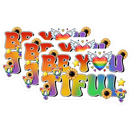 (3 Pack) Be You Tiful Decals - Sunflower Stickers - Rainbow Heart Art - 3 Inches On Longest Side - Easy Peel & Apply - Made in USA - 3MCS7023