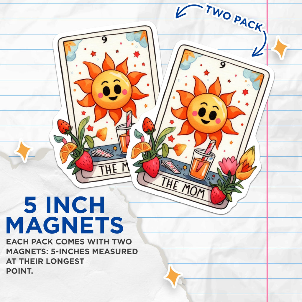 (2 Pack) Mom Tarot Card Magnets - Cheerful Sun Motherhood Design - Kitchen Refrigerator Locker Decor - 5 Inches On Longest Side - Thick Durable Magnet - Made in USA - MAG21429