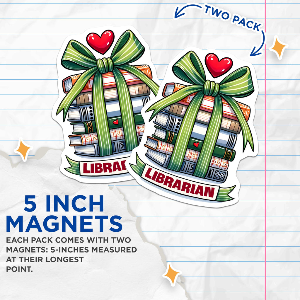 (2 Pack) Librarian Magnets - Stacked Books Decor - Library Lover Refrigerator Magnets - 5" On Longest Side - Premium Magnet - for Cars, Refrigerators, Toolboxes, Lockers - Made in USA - MAG15331