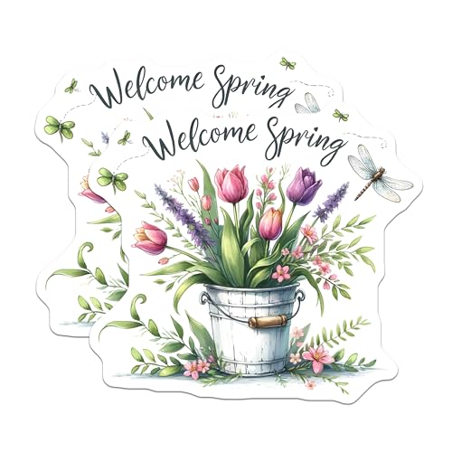 (2 Pack) Welcome Spring Magnets - Floral Bucket Design - Seasonal Home Decor - 5" On Longest Side - for Cars, Fridges, Toolboxes - Made in USA - MAG7996