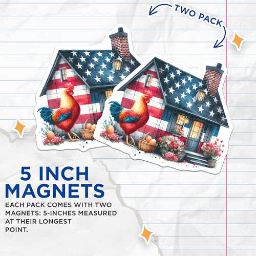 (2 Pack) Patriotic Rooster House Magnets - American Flag Rooster Magnets - Country Farmhouse Decor Magnets - 5" On Longest Side - for Cars, Fridges, Toolboxes - Made in USA - MAG6888