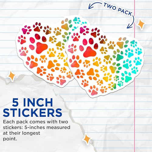 (2 Pack) Paw Print Heart Stickers - Rainbow Animal Paw Stickers - Pet Lover Car Decal - 5" On Longest Side - Sticks to Any Smooth Flat Surface - Made in USA - BMCS3397