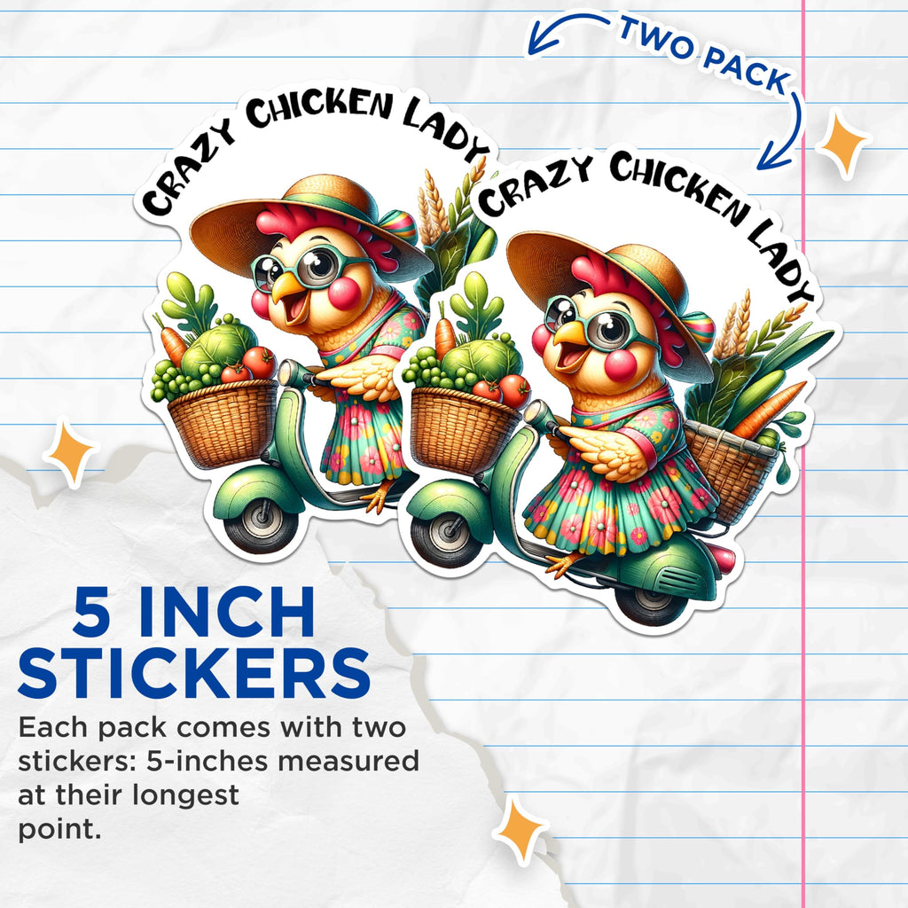 (2 Pack) Crazy Chicken Lady Stickers - Funny Farm Animal Stickers - Cute Cartoon Chicken Stickers - 5" On Longest Side - Sticks to Any Smooth Flat Surface - Made in USA - BMCS2923