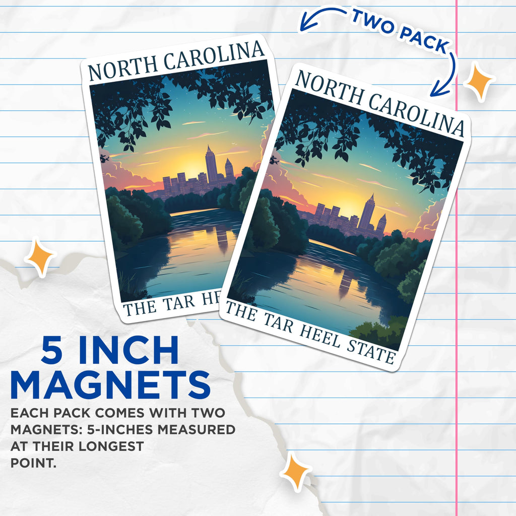 (2 Pack) North Carolina Magnets - Tar Heel State - Raleigh Skyline Souvenir - 5" On Longest Side - Premium Magnet - for Cars, Refrigerators, Toolboxes, Lockers - Made in USA - MAG18288