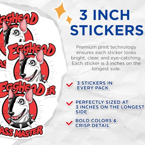 (3 Pack) Bull Terrier Decals - Egghead Dog - Sass Master Decal - 3 Inches On Longest Side - Easy Peel & Apply - Made in USA - 3MCS7296