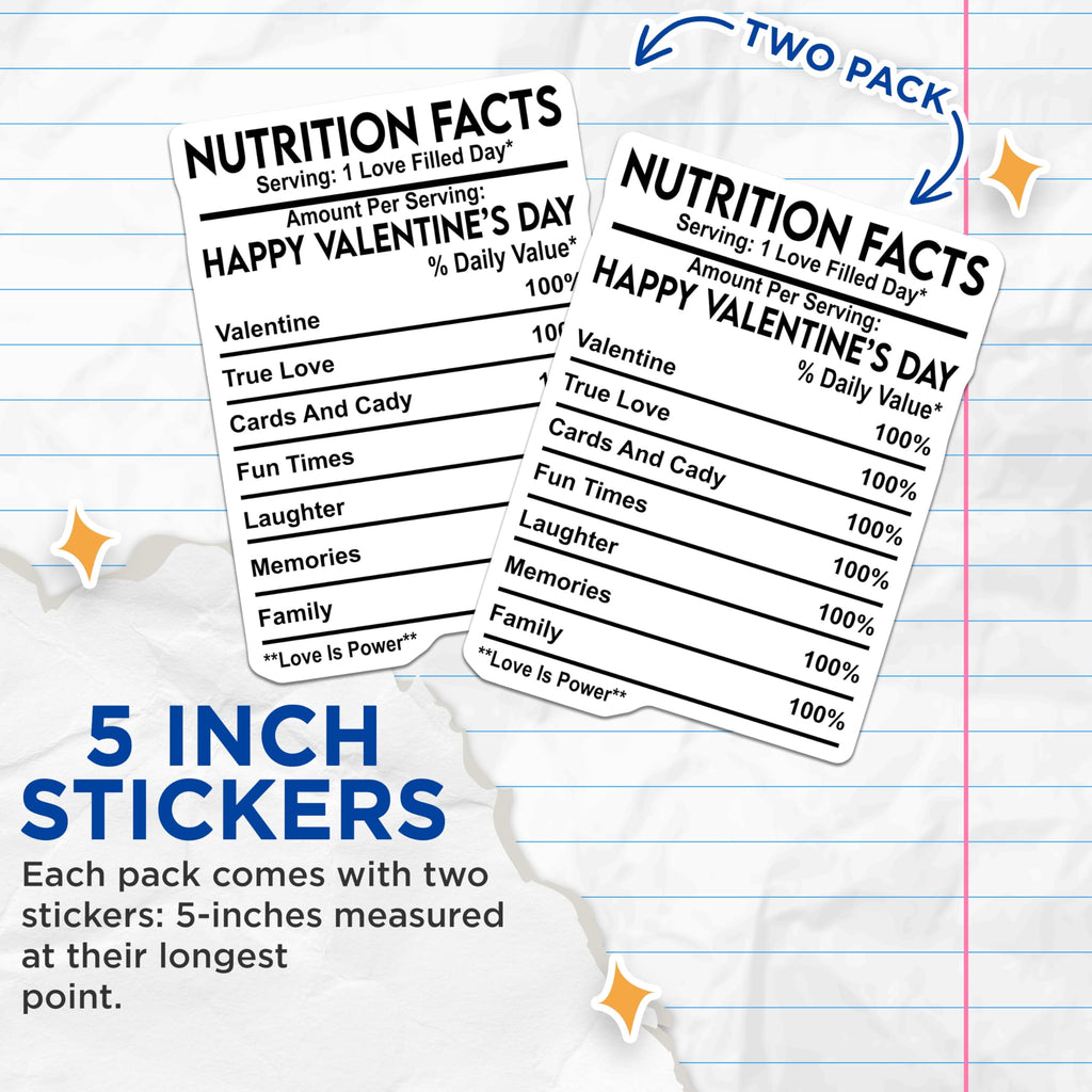 (2 Pack) Valentines Day Stickers - Love Filled Day - Nutrition Facts Label - 5" On Longest Side - Sticks to Smooth Flat Surfaces - Made in USA - BMCS14989