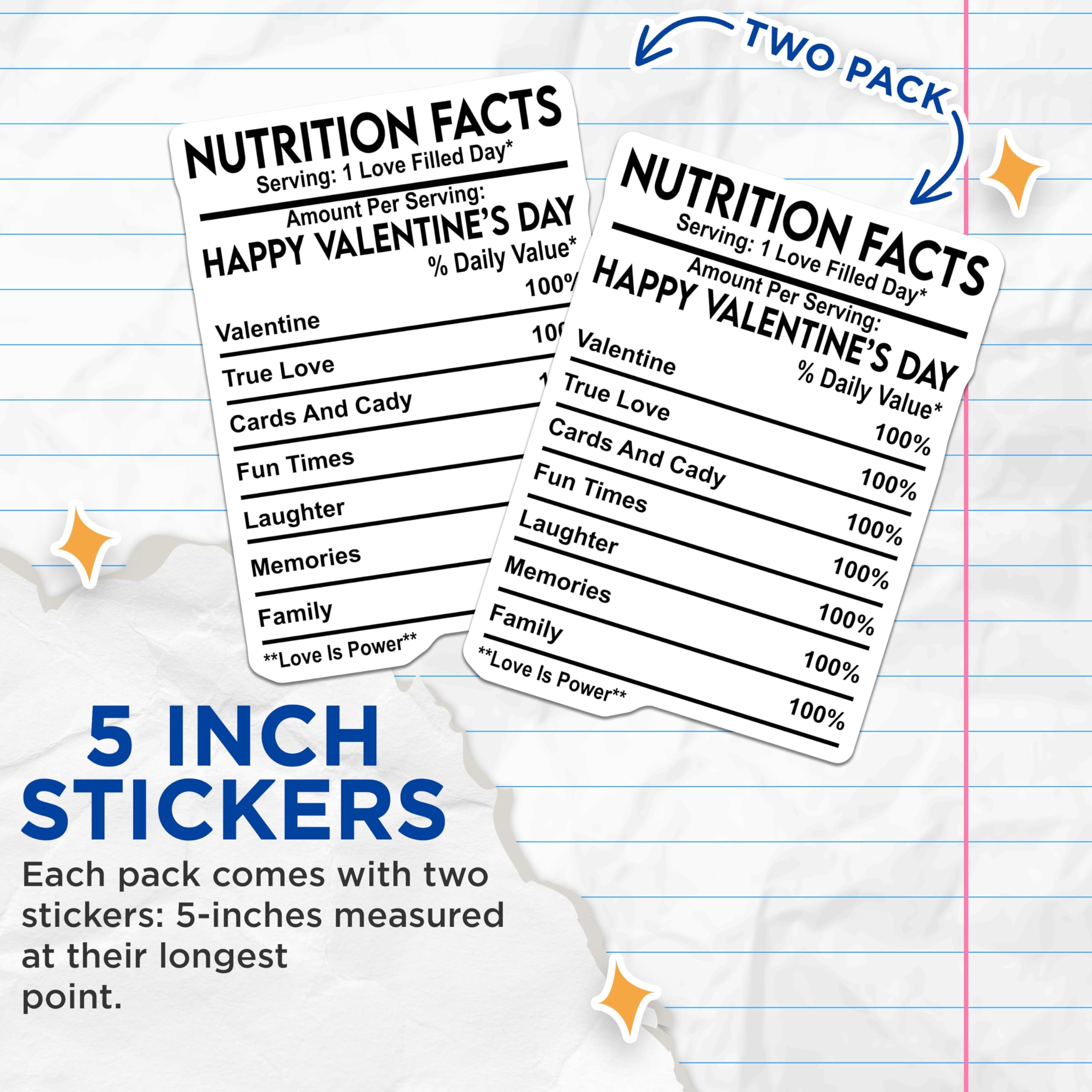 (2 Pack) Valentines Day Stickers - Love Filled Day - Nutrition Facts Label - 5" On Longest Side - Sticks to Smooth Flat Surfaces - Made in USA - BMCS14989