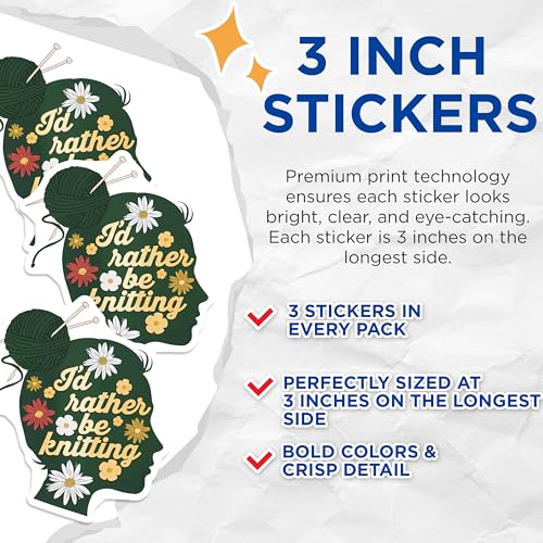 (3 Pack) Knitting Decals - I'd Rather Be Knitting - Laptop Decal - Crafting - Knitting Lover - Yarn - Knit - 3 Inches On Longest Side - Easy Peel & Apply - Made in USA - 3MCS7669