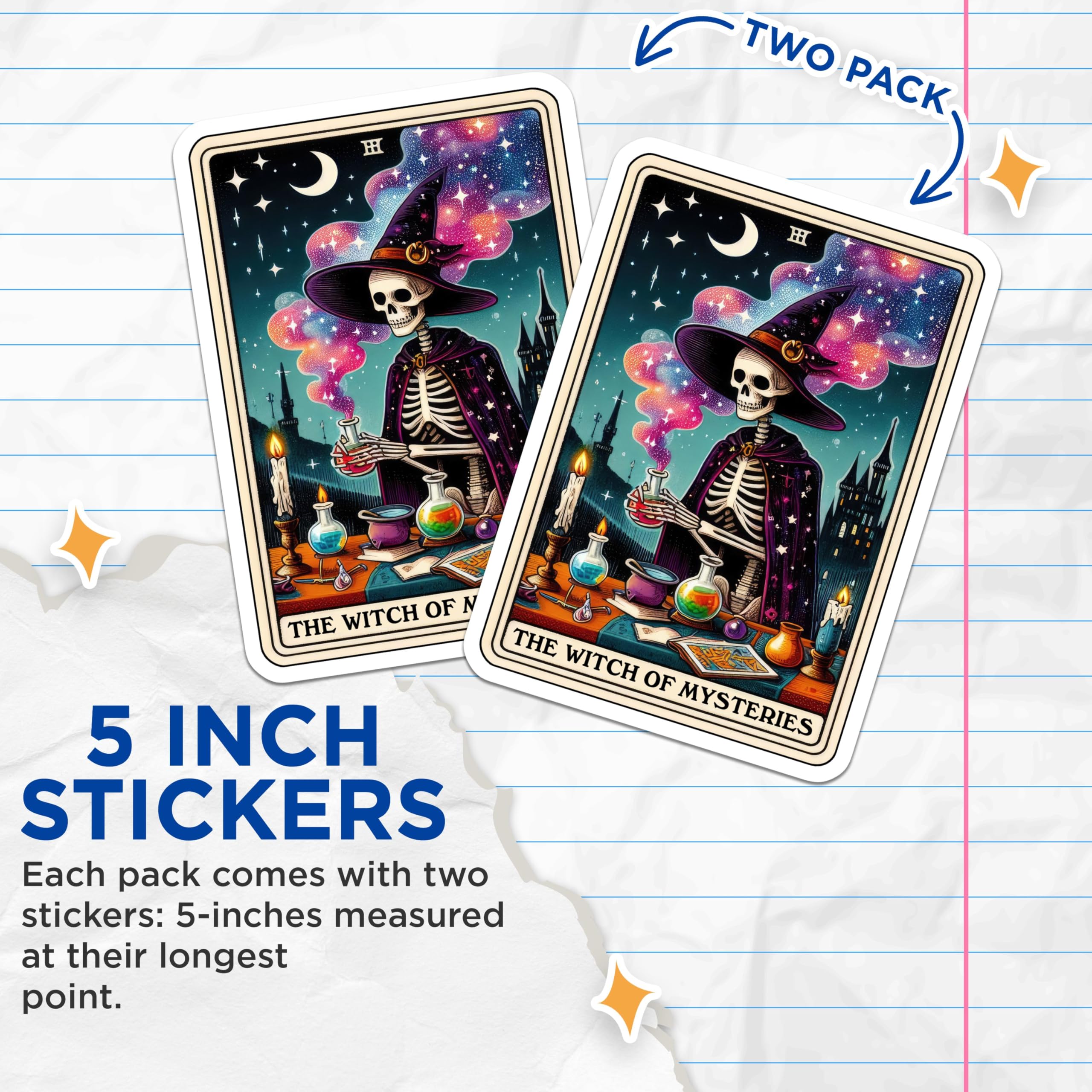 (2 Pack) Witch Tarot Stickers - Skeleton Witch Cartoons - Mystical Wizard Stickers - 5" On Longest Side - Sticks to Smooth Flat Surfaces - Made in USA - BMCS5517