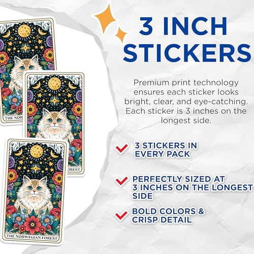 (3 Pack) Norwegian Forest Cat Decals - Tarot Card Decal - Floral Cat Decal - 3 Inches On Longest Side - Easy Peel & Apply - Made in USA - 3MCS0114