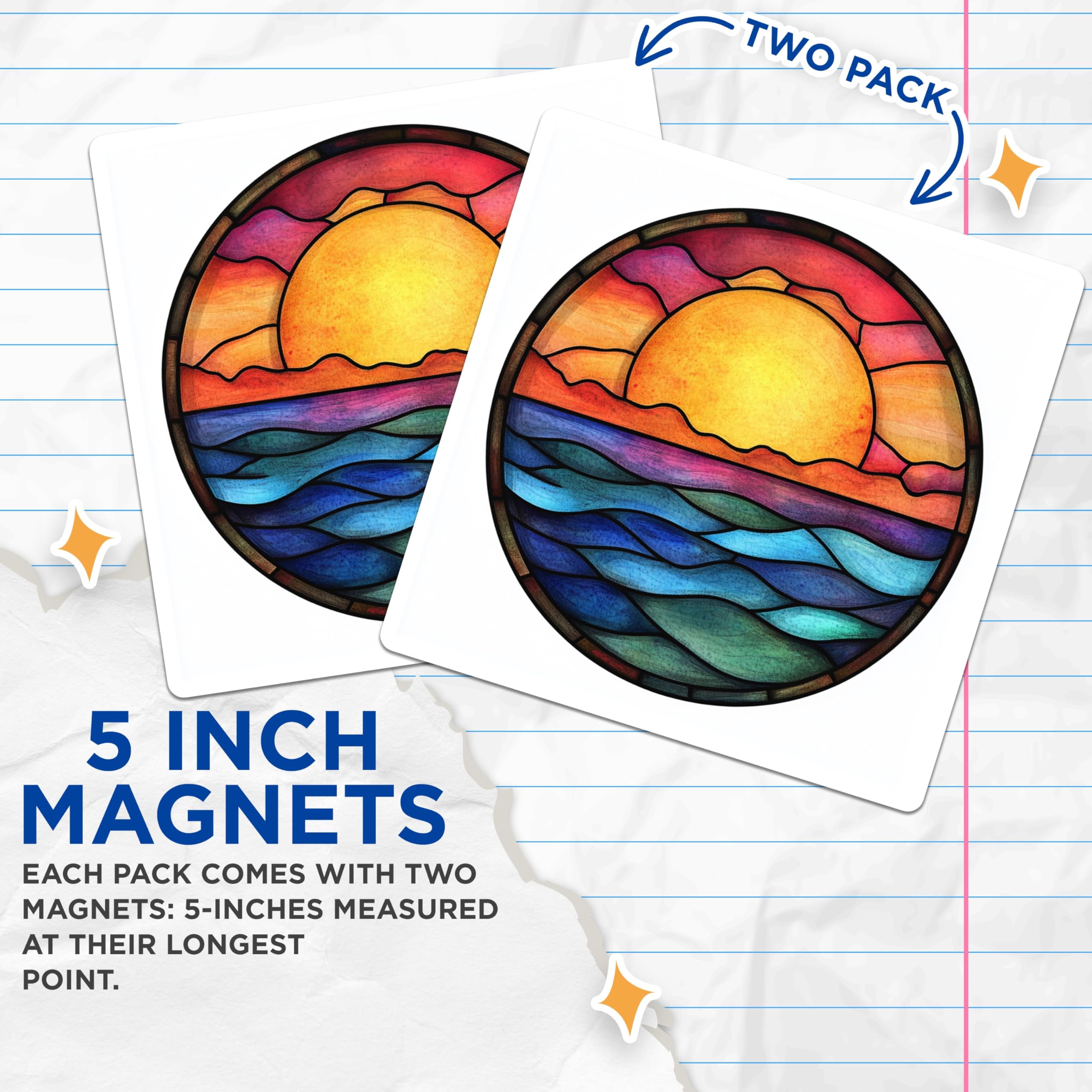 (2 Pack) Stained Glass Sunset Magnets - Ocean Horizon Scene - Vibrant Coastal Decor Refrigerator Art - 5 Inches On Longest Side - Thick Durable Magnet - Made in USA - MAG25204