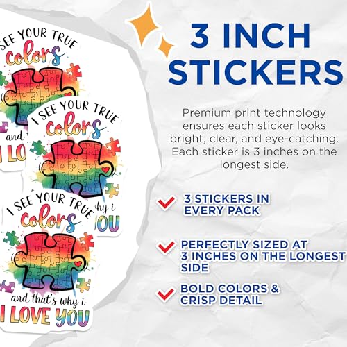 (3 Pack) Autism Awareness Decals - Puzzle Piece Love Decals - Autism Acceptance Stickers - 3 Inches On Longest Side - Easy Peel & Apply - Made in USA - 3MCS0058