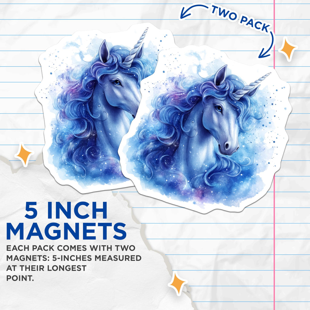 (2 Pack) Blue Unicorn Magnets - Fantasy Horse Art - Mystical Aesthetic Decor - 5 Inches On Longest Side - Thick Durable Magnet - Made in USA - MAG29698