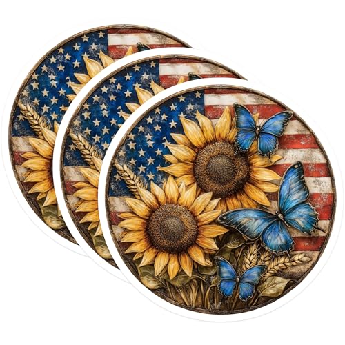 (3 Pack) Sunflower Butterfly Decals - American Flag Sticker - Laptop Decal - 3 Inches On Longest Side - Easy Peel & Apply - Made in USA - 3MCS8201