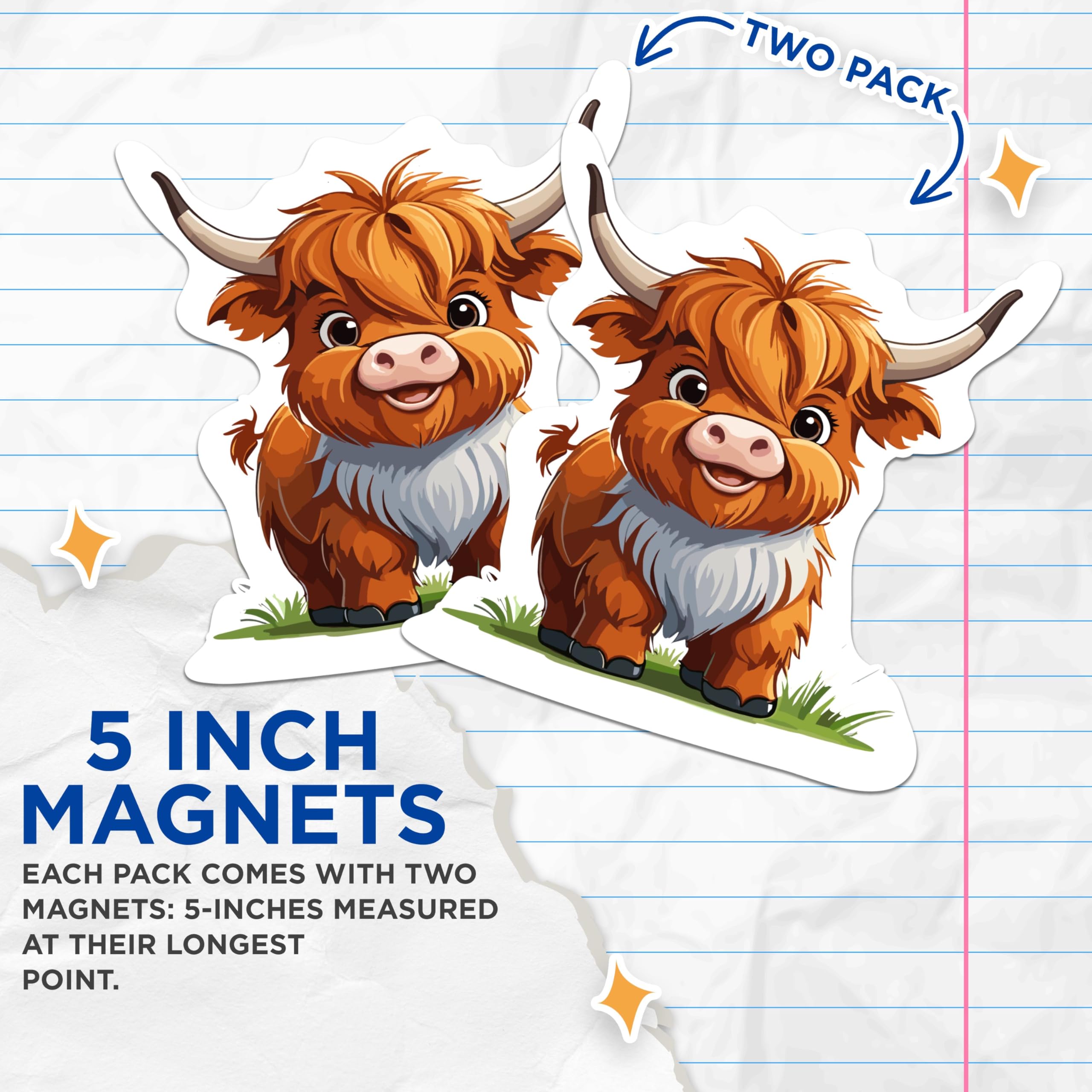 (2 Pack) Cute Highland Cow Magnets - Cartoon Highland Cow - 5 Inches On Longest Side - Premium Magnet - for Cars, Refrigerators, Toolboxes - Made in USA - MAG2182