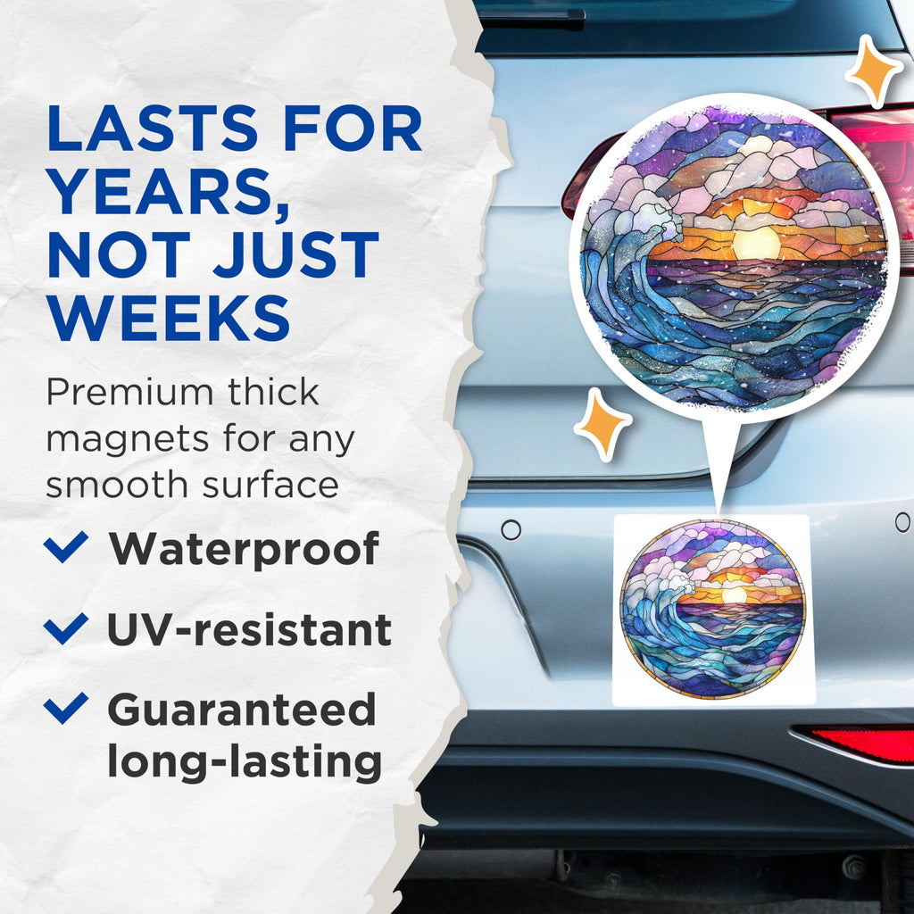 (2 Pack) Stained Glass Wave Magnets - Ocean Sunset Art - Coastal Home Decor - 5 Inches On Longest Side - Thick Durable Magnet - Made in USA - MAG30852