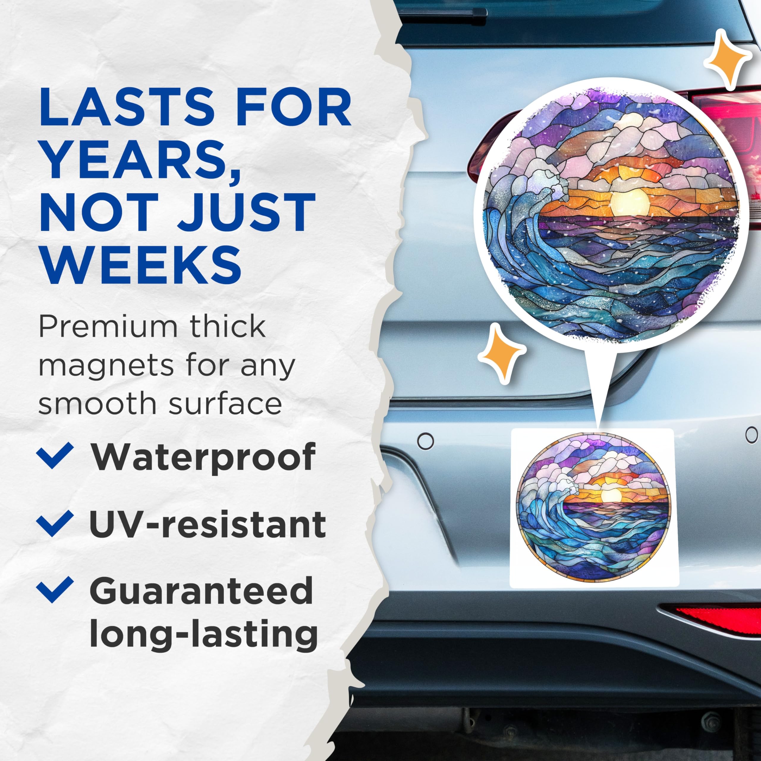 (2 Pack) Stained Glass Wave Magnets - Ocean Sunset Art - Coastal Home Decor - 5 Inches On Longest Side - Thick Durable Magnet - Made in USA - MAG30852
