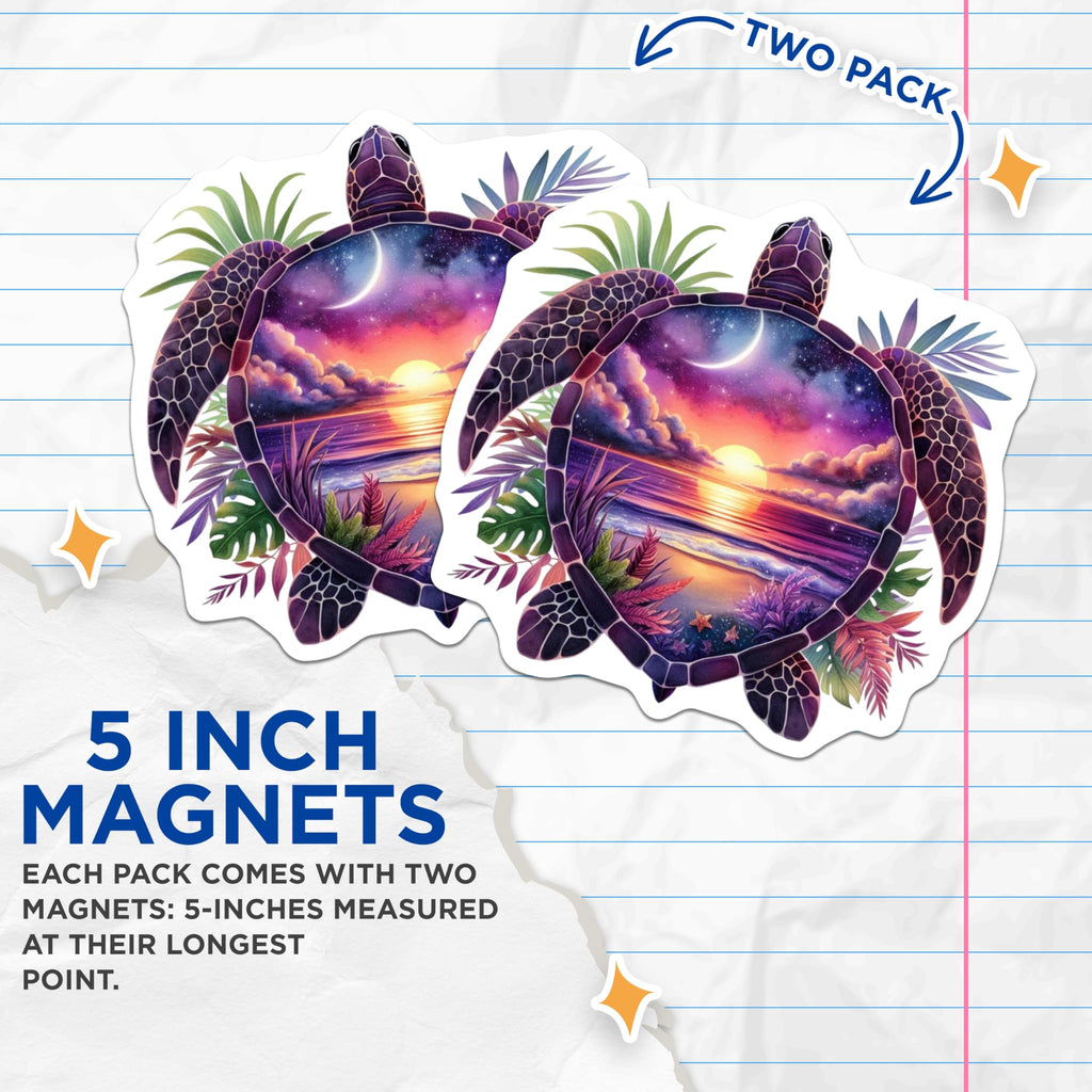 (2 Pack) Sea Turtle Magnets - Ocean Sunset Beach Scene - Celestial Night Sky Art - 5 Inches On Longest Side - Thick Durable Magnet - Made in USA - MAG20603