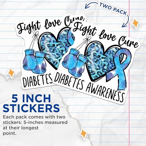 (2 Pack) Fight Love Cure Diabetes Awareness Stickers - Blue Heart Boxing Gloves Stickers - Inspirational Health Stickers - 5" On Longest Side - Sticks to Smooth Flat Surfaces - Made in USA - BMCS4285