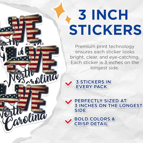 (3 Pack) North Carolina Decals - Love NC - American Flag Decal - 3 Inches On Longest Side - Easy Peel & Apply - Made in USA - 3MCS0325