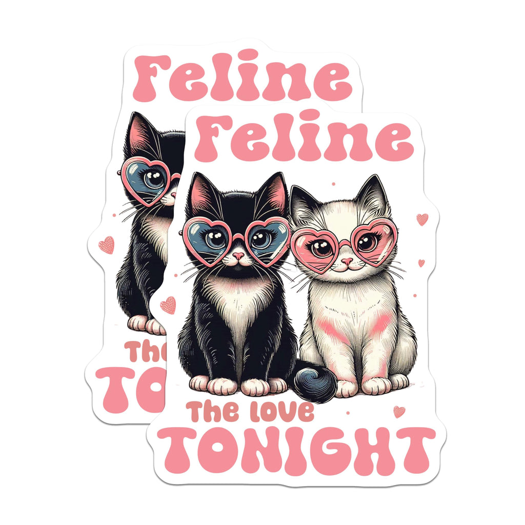 (2 Pack) Feline The Love Tonight Stickers - Cute Cat Stickers - Heart Sunglasses Stickers - 5" On Longest Side - Sticks to Smooth Flat Surfaces - Made in USA - BMCS4393