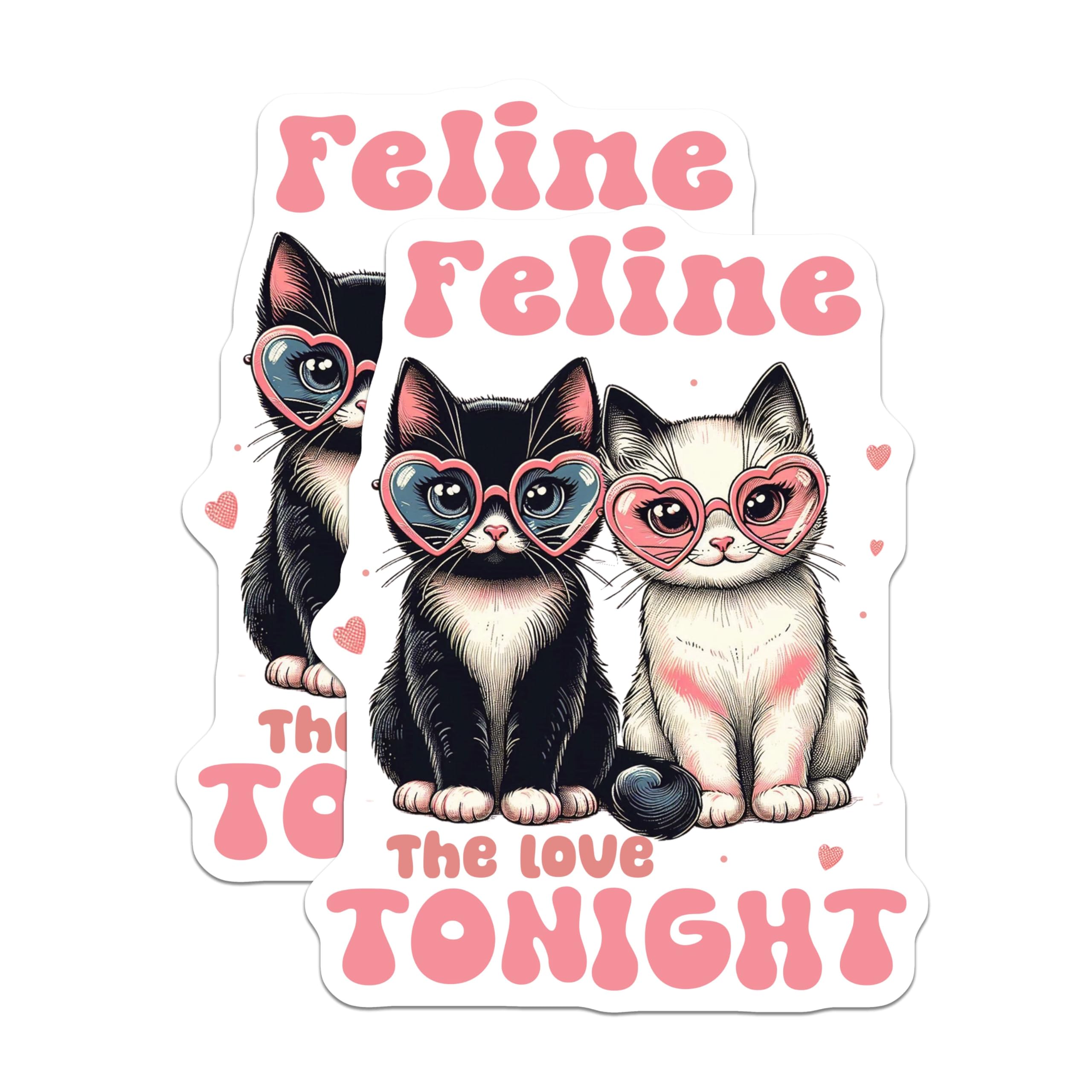 (2 Pack) Feline The Love Tonight Stickers - Cute Cat Stickers - Heart Sunglasses Stickers - 5" On Longest Side - Sticks to Smooth Flat Surfaces - Made in USA - BMCS4393