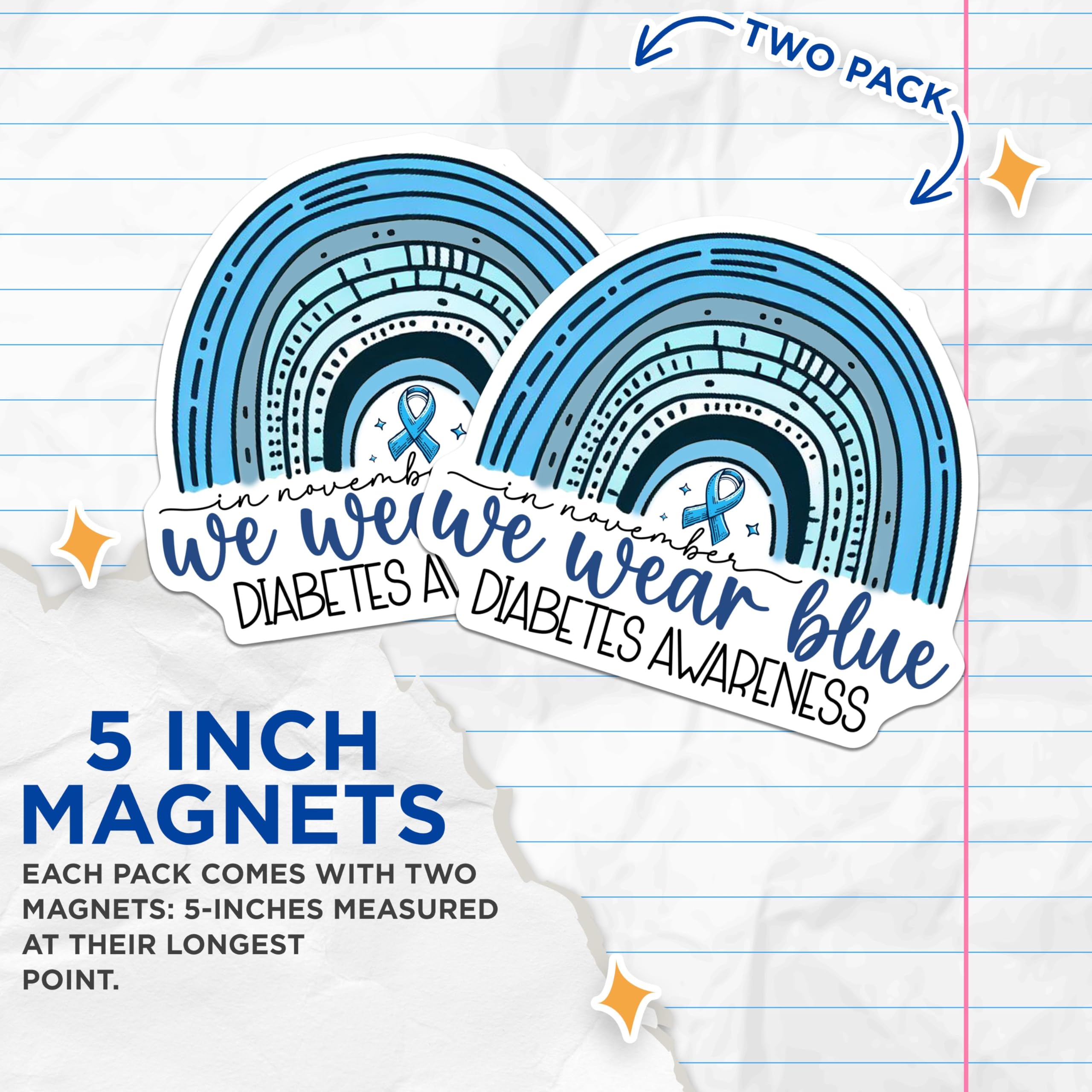 (2 Pack) Diabetes Awareness Magnets - Blue Awareness Ribbon - Diabetes Support - Medication Reminder - 5" On Longest Side - for Cars, Fridges, Toolboxes - Made in USA - MAG3827