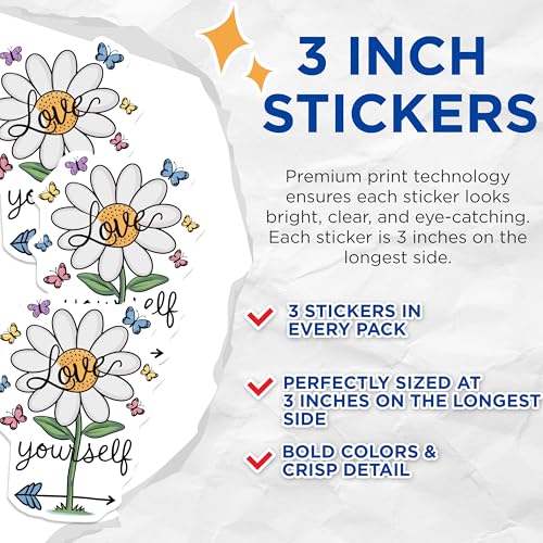 (3 Pack) Love Yourself Daisy Decals - Positive Affirmation - Butterfly Flower Art - 3 Inches On Longest Side - Easy Peel & Apply - Made in USA - 3MCS7718