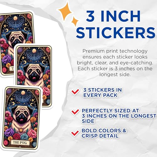 (3 Pack) Pug Decals - Cute Dog Stickers - Floral Laptop Decal - 3 Inches On Longest Side - Easy Peel & Apply - Made in USA - 3MCS4044