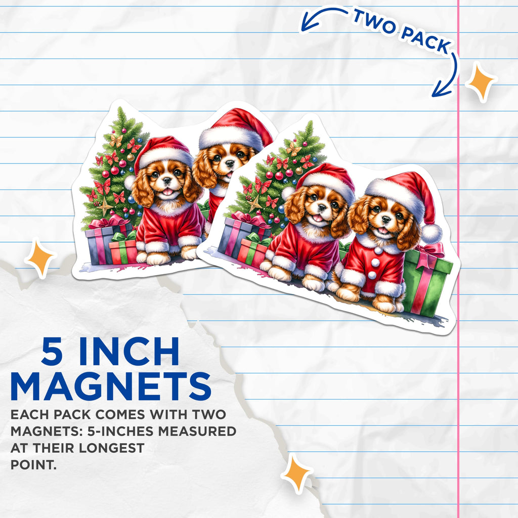(2 Pack) Christmas Cavalier King Charles Spaniel Magnets - Santa Puppy Decor - Holiday Dog Lover Item - 5 Inches On Longest Side - Thick Durable Magnet - Made in USA - MAG28134