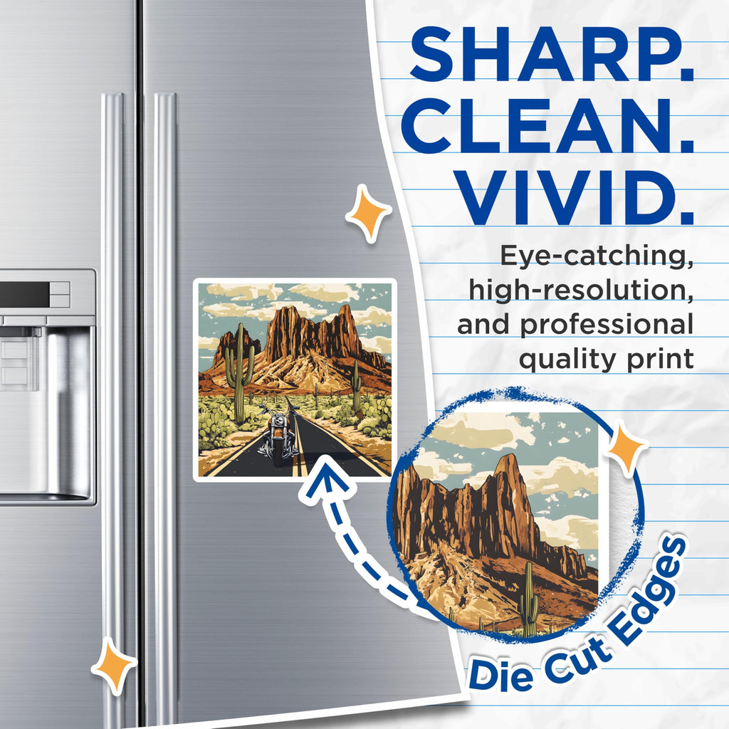 (2 Pack) Motorcycle Magnets - Desert Road Trip Art - Southwest Vibe - 5" On Longest Side - Premium Magnet - for Cars, Refrigerators, Toolboxes, Lockers - Made in USA - MAG17837