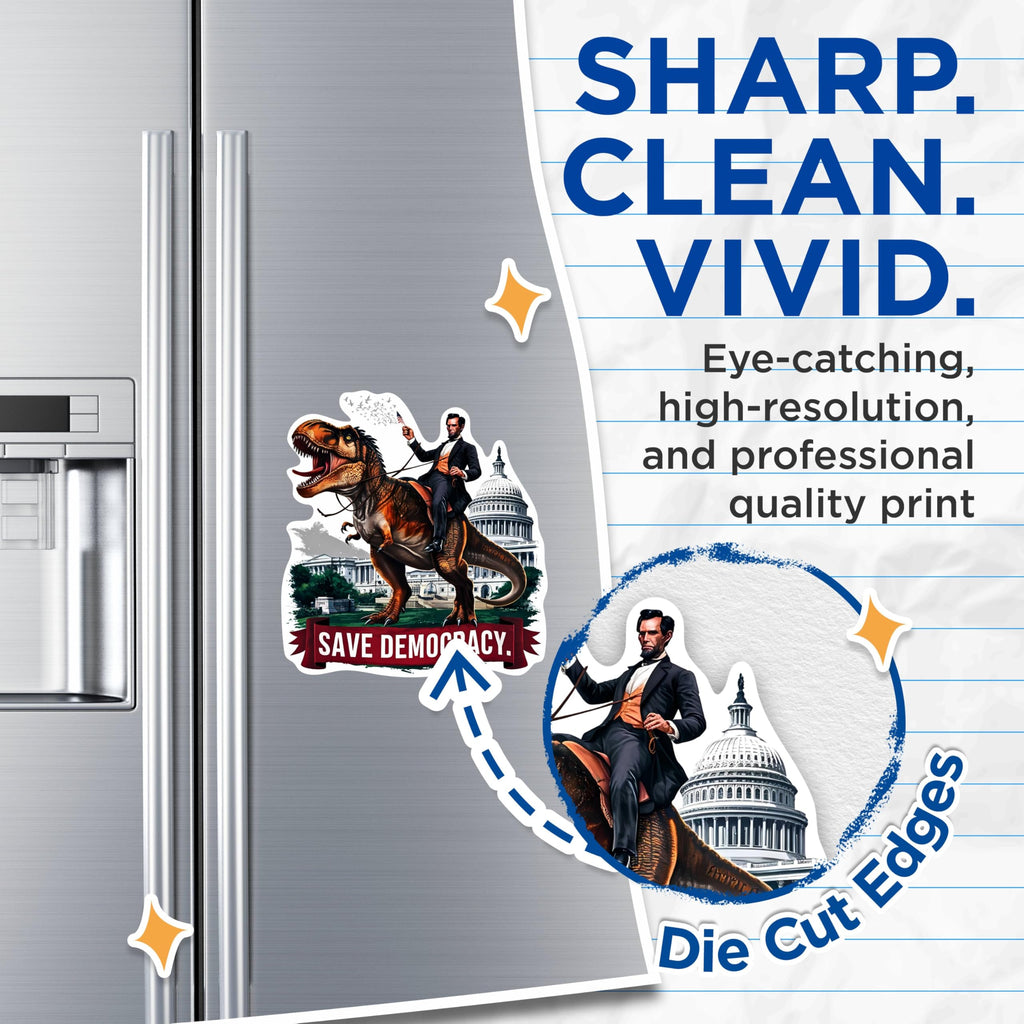 (2 Pack) Save Democracy Abraham Lincoln Riding Dinosaur Magnets - 5 Inches On Longest Side - Premium Magnet - for Cars, Refrigerators, Toolboxes - Made in USA - MAG2088