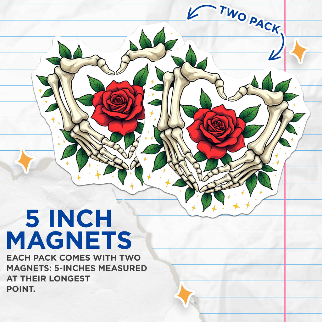 (2 Pack) Skeleton Hands Heart Magnets - Traditional Tattoo Rose - Gothic Love Kitchen Decor - 5 Inches On Longest Side - Thick Durable Magnet - Made in USA - MAG36147